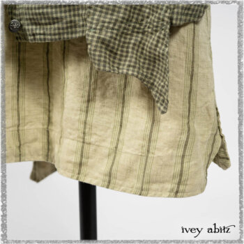 Vanetten Duster Coat in Seagrass Petite Check Linen; Vanetten Frock in Seagrass Washed Stripe Linen; Cilla Slip Frock in Seagrass Melange Knit. Ivey Abitz bespoke clothing.