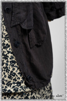 Viv Coat Dress in National Seashore Pinstripe Voile; Harrison Frock in Estuary Floral Jacquard. Ivey Abitz bespoke clothing.