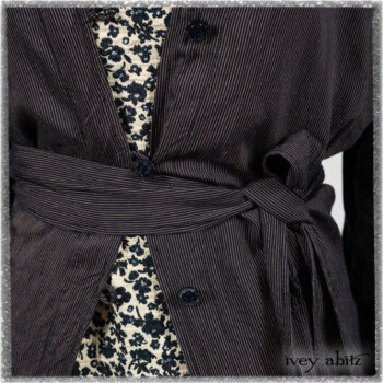 Viv Coat Dress in National Seashore Pinstripe Voile; Harrison Frock in Estuary Floral Jacquard. Ivey Abitz bespoke clothing.