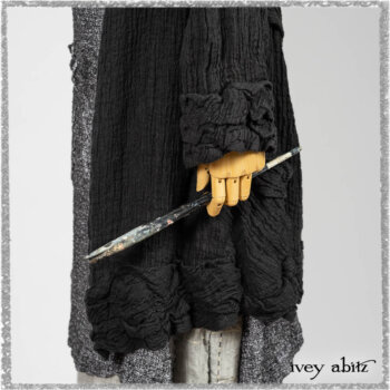 Mewland Jacket in Black Washed Crinkled Linen; Clotaire Sash in Ethereal Cream and Black Fleur Stretch Cotton; Bramley Overlay in Black White Painted Puckery Weave; Mewland Trousers in Beacon Blcak Embroidered Plaid on Petite Stripe. Ivey Abitz bespoke clothing.