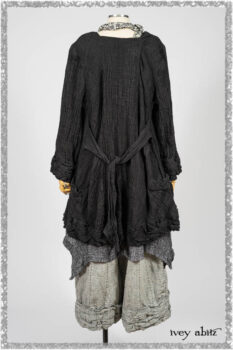 Mewland Jacket in Black Washed Crinkled Linen; Clotaire Sash in Ethereal Cream and Black Fleur Stretch Cotton; Bramley Overlay in Black White Painted Puckery Weave; Mewland Trousers in Beacon Blcak Embroidered Plaid on Petite Stripe. Ivey Abitz bespoke clothing.
