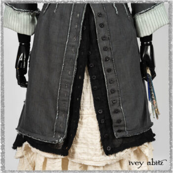 Trelawny Duster Coat in Estuary and Black Houndstooth on Pinstripe; Trelawny Vest in Beacon Black Hemstitch Stripe Gauze; Clotaire Sash in Ethereal Cream and Black Fleur Stretch Cotton; Ardsleydale Frock in Ethereal Cream Embroidered Crushed Plaid. Ivey Abitz bespoke clothing.