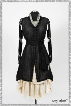Trelawny Vest in Beacon Black Hemstitch Stripe Gauze; Clotaire Sash in Ethereal Cream and Black Fleur Stretch Cotton; Ardsleydale Frock in Ethereal Cream Embroidered Crushed Plaid. Ivey Abitz bespoke clothing.