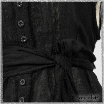 Trelawny Vest in Beacon Black Hemstitch Stripe Gauze; Clotaire Sash in Ethereal Cream and Black Fleur Stretch Cotton; Ardsleydale Frock in Ethereal Cream Embroidered Crushed Plaid. Ivey Abitz bespoke clothing.
