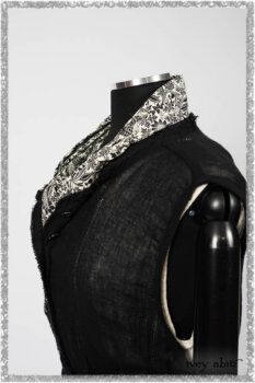 Trelawny Vest in Beacon Black Hemstitch Stripe Gauze; Clotaire Sash in Ethereal Cream and Black Fleur Stretch Cotton; Ardsleydale Frock in Ethereal Cream Embroidered Crushed Plaid. Ivey Abitz bespoke clothing.