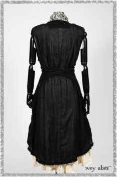 Trelawny Vest in Beacon Black Hemstitch Stripe Gauze; Clotaire Sash in Ethereal Cream and Black Fleur Stretch Cotton; Ardsleydale Frock in Ethereal Cream Embroidered Crushed Plaid. Ivey Abitz bespoke clothing.