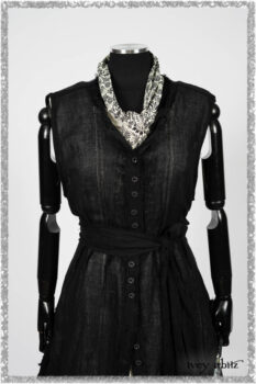 Trelawny Vest in Beacon Black Hemstitch Stripe Gauze; Clotaire Sash in Ethereal Cream and Black Fleur Stretch Cotton; Ardsleydale Frock in Ethereal Cream Embroidered Crushed Plaid. Ivey Abitz bespoke clothing.