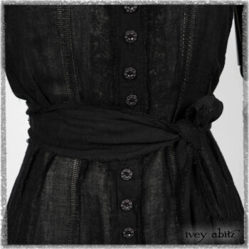 Trelawny Vest in Beacon Black Hemstitch Stripe Gauze; Clotaire Sash in Ethereal Cream and Black Fleur Stretch Cotton; Ardsleydale Frock in Ethereal Cream Embroidered Crushed Plaid. Ivey Abitz bespoke clothing.