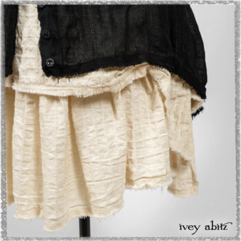 Trelawny Vest in Beacon Black Hemstitch Stripe Gauze; Clotaire Sash in Ethereal Cream and Black Fleur Stretch Cotton; Ardsleydale Frock in Ethereal Cream Embroidered Crushed Plaid. Ivey Abitz bespoke clothing.