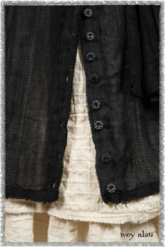 Trelawny Vest in Beacon Black Hemstitch Stripe Gauze; Clotaire Sash in Ethereal Cream and Black Fleur Stretch Cotton; Ardsleydale Frock in Ethereal Cream Embroidered Crushed Plaid. Ivey Abitz bespoke clothing.