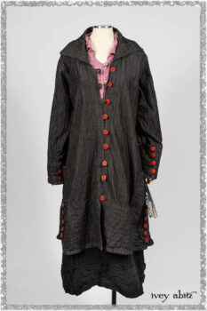 Pierrepont Duster Coat in Beacon Black and Red Pin Tuck Twill; Pierrepont Shirt in Red Sky at Night Yarn Dyed Weave; Mewland Skirt in Black Washed Crinkled Linen; Cilla Slip Frock in Beacon Black Washed Ribbed Knit. Ivey Abitz bespoke clothing.