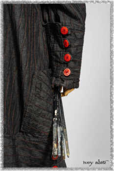 Pierrepont Duster Coat in Beacon Black and Red Pin Tuck Twill; Pierrepont Shirt in Red Sky at Night Yarn Dyed Weave; Mewland Skirt in Black Washed Crinkled Linen; Cilla Slip Frock in Beacon Black Washed Ribbed Knit. Ivey Abitz bespoke clothing.