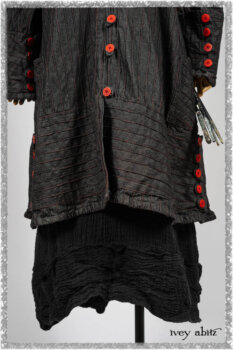 Pierrepont Duster Coat in Beacon Black and Red Pin Tuck Twill; Pierrepont Shirt in Red Sky at Night Yarn Dyed Weave; Mewland Skirt in Black Washed Crinkled Linen; Cilla Slip Frock in Beacon Black Washed Ribbed Knit. Ivey Abitz bespoke clothing.