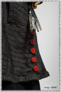 Pierrepont Duster Coat in Beacon Black and Red Pin Tuck Twill; Pierrepont Shirt in Red Sky at Night Yarn Dyed Weave; Mewland Skirt in Black Washed Crinkled Linen; Cilla Slip Frock in Beacon Black Washed Ribbed Knit. Ivey Abitz bespoke clothing.