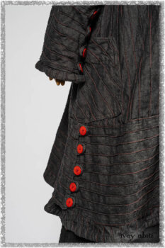 Pierrepont Duster Coat in Beacon Black and Red Pin Tuck Twill; Pierrepont Shirt in Red Sky at Night Yarn Dyed Weave; Mewland Skirt in Black Washed Crinkled Linen; Cilla Slip Frock in Beacon Black Washed Ribbed Knit. Ivey Abitz bespoke clothing.
