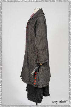 Pierrepont Duster Coat in Beacon Black and Red Pin Tuck Twill; Pierrepont Shirt in Red Sky at Night Yarn Dyed Weave; Mewland Skirt in Black Washed Crinkled Linen; Cilla Slip Frock in Beacon Black Washed Ribbed Knit. Ivey Abitz bespoke clothing.