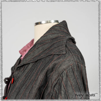 Pierrepont Duster Coat in Beacon Black and Red Pin Tuck Twill; Pierrepont Shirt in Red Sky at Night Yarn Dyed Weave; Mewland Skirt in Black Washed Crinkled Linen; Cilla Slip Frock in Beacon Black Washed Ribbed Knit. Ivey Abitz bespoke clothing.
