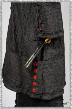 Pierrepont Duster Coat in Beacon Black and Red Pin Tuck Twill; Pierrepont Shirt in Red Sky at Night Yarn Dyed Weave; Mewland Skirt in Black Washed Crinkled Linen; Cilla Slip Frock in Beacon Black Washed Ribbed Knit. Ivey Abitz bespoke clothing.