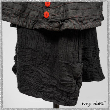Pierrepont Duster Coat in Beacon Black and Red Pin Tuck Twill; Pierrepont Shirt in Red Sky at Night Yarn Dyed Weave; Mewland Skirt in Black Washed Crinkled Linen; Cilla Slip Frock in Beacon Black Washed Ribbed Knit. Ivey Abitz bespoke clothing.