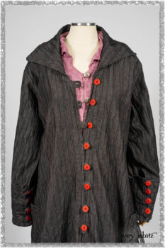 Pierrepont Duster Coat in Beacon Black and Red Pin Tuck Twill; Pierrepont Shirt in Red Sky at Night Yarn Dyed Weave; Mewland Skirt in Black Washed Crinkled Linen; Cilla Slip Frock in Beacon Black Washed Ribbed Knit. Ivey Abitz bespoke clothing.