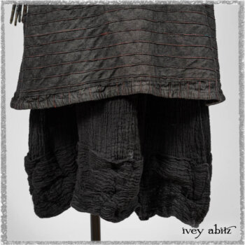 Pierrepont Duster Coat in Beacon Black and Red Pin Tuck Twill; Pierrepont Shirt in Red Sky at Night Yarn Dyed Weave; Mewland Skirt in Black Washed Crinkled Linen; Cilla Slip Frock in Beacon Black Washed Ribbed Knit. Ivey Abitz bespoke clothing.