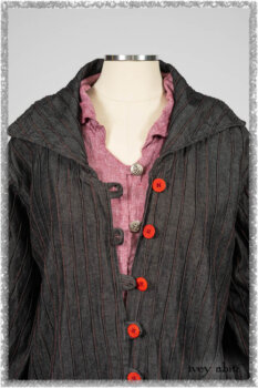 Pierrepont Duster Coat in Beacon Black and Red Pin Tuck Twill; Pierrepont Shirt in Red Sky at Night Yarn Dyed Weave; Mewland Skirt in Black Washed Crinkled Linen; Cilla Slip Frock in Beacon Black Washed Ribbed Knit. Ivey Abitz bespoke clothing.