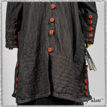 Pierrepont Duster Coat in Beacon Black and Red Pin Tuck Twill; Pierrepont Shirt in Red Sky at Night Yarn Dyed Weave; Mewland Skirt in Black Washed Crinkled Linen; Cilla Slip Frock in Beacon Black Washed Ribbed Knit. Ivey Abitz bespoke clothing.