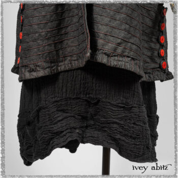 Pierrepont Duster Coat in Beacon Black and Red Pin Tuck Twill; Pierrepont Shirt in Red Sky at Night Yarn Dyed Weave; Mewland Skirt in Black Washed Crinkled Linen; Cilla Slip Frock in Beacon Black Washed Ribbed Knit. Ivey Abitz bespoke clothing.