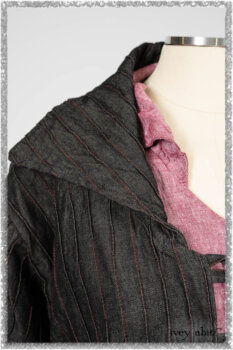 Pierrepont Duster Coat in Beacon Black and Red Pin Tuck Twill; Pierrepont Shirt in Red Sky at Night Yarn Dyed Weave; Mewland Skirt in Black Washed Crinkled Linen; Cilla Slip Frock in Beacon Black Washed Ribbed Knit. Ivey Abitz bespoke clothing.