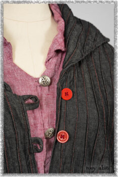 Pierrepont Duster Coat in Beacon Black and Red Pin Tuck Twill; Pierrepont Shirt in Red Sky at Night Yarn Dyed Weave; Mewland Skirt in Black Washed Crinkled Linen; Cilla Slip Frock in Beacon Black Washed Ribbed Knit. Ivey Abitz bespoke clothing.