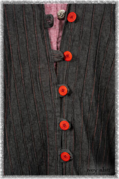 Pierrepont Duster Coat in Beacon Black and Red Pin Tuck Twill; Pierrepont Shirt in Red Sky at Night Yarn Dyed Weave; Mewland Skirt in Black Washed Crinkled Linen; Cilla Slip Frock in Beacon Black Washed Ribbed Knit. Ivey Abitz bespoke clothing.