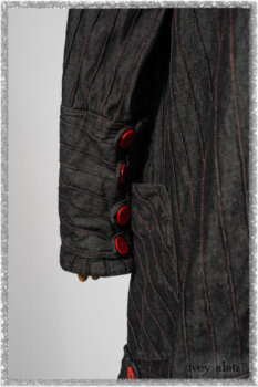 Pierrepont Duster Coat in Beacon Black and Red Pin Tuck Twill; Pierrepont Shirt in Red Sky at Night Yarn Dyed Weave; Mewland Skirt in Black Washed Crinkled Linen; Cilla Slip Frock in Beacon Black Washed Ribbed Knit. Ivey Abitz bespoke clothing.