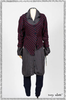 Limited Edition Gilbert Cardigan in National Seashore and Red Stripe Knit; Viv Coat Dress in National Seashore Pinstripe Voile; Pierrepont Breeches-Leggings in National Seashore Washed Ribbed Knit. Ivey Abitz bespoke clothing.