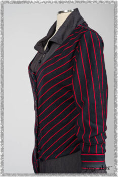 Limited Edition Gilbert Cardigan in National Seashore and Red Stripe Knit; Viv Coat Dress in National Seashore Pinstripe Voile; Pierrepont Breeches-Leggings in National Seashore Washed Ribbed Knit. Ivey Abitz bespoke clothing.