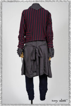 Limited Edition Gilbert Cardigan in National Seashore and Red Stripe Knit; Viv Coat Dress in National Seashore Pinstripe Voile; Pierrepont Breeches-Leggings in National Seashore Washed Ribbed Knit. Ivey Abitz bespoke clothing.