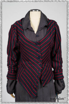 Limited Edition Gilbert Cardigan in National Seashore and Red Stripe Knit; Viv Coat Dress in National Seashore Pinstripe Voile; Pierrepont Breeches-Leggings in National Seashore Washed Ribbed Knit. Ivey Abitz bespoke clothing.