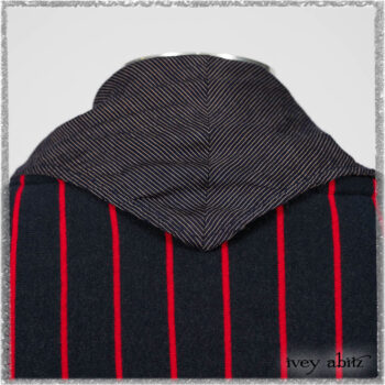 Limited Edition Gilbert Cardigan in National Seashore and Red Stripe Knit; Viv Coat Dress in National Seashore Pinstripe Voile; Pierrepont Breeches-Leggings in National Seashore Washed Ribbed Knit. Ivey Abitz bespoke clothing.
