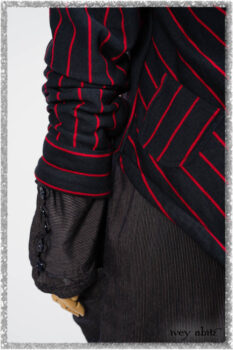 Limited Edition Gilbert Cardigan in National Seashore and Red Stripe Knit; Viv Coat Dress in National Seashore Pinstripe Voile; Pierrepont Breeches-Leggings in National Seashore Washed Ribbed Knit. Ivey Abitz bespoke clothing.