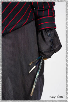 Limited Edition Gilbert Cardigan in National Seashore and Red Stripe Knit; Viv Coat Dress in National Seashore Pinstripe Voile; Pierrepont Breeches-Leggings in National Seashore Washed Ribbed Knit. Ivey Abitz bespoke clothing.