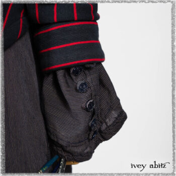 Limited Edition Gilbert Cardigan in National Seashore and Red Stripe Knit; Viv Coat Dress in National Seashore Pinstripe Voile; Pierrepont Breeches-Leggings in National Seashore Washed Ribbed Knit. Ivey Abitz bespoke clothing.