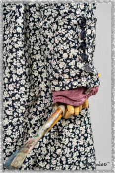 Pierrepont Shirt in Red Sky at Night Yarn Dyed Weave; Viv Coat Dress in National Seashore Floral Jacquard; Clotaire Sash in Red Sky at Night Stripe; Viv Trousers in Estuary Herringbone Twill. Ivey Abitz bespoke clothing.