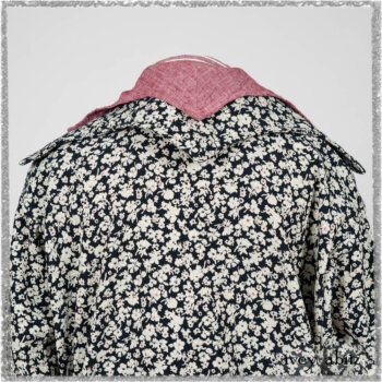 Pierrepont Shirt in Red Sky at Night Yarn Dyed Weave; Viv Coat Dress in National Seashore Floral Jacquard; Clotaire Sash in Red Sky at Night Stripe; Viv Trousers in Estuary Herringbone Twill. Ivey Abitz bespoke clothing.