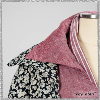 Pierrepont Shirt in Red Sky at Night Yarn Dyed Weave; Viv Coat Dress in National Seashore Floral Jacquard; Clotaire Sash in Red Sky at Night Stripe; Viv Trousers in Estuary Herringbone Twill. Ivey Abitz bespoke clothing.