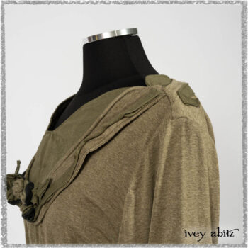 Saint Ans Jacket in Woodlawn Melange Knit; Saint Ans Frock in Seagrass Crushed Cotton with handsculpted and sculptural details in rare weaves. Ivey Abitz bespoke clothing.