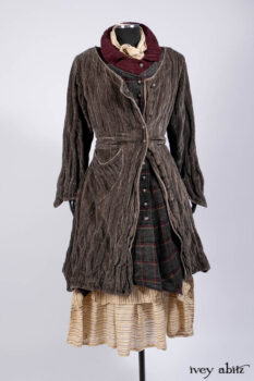 Ellis Duster Coat in Slate Crinkled Velvet; Ellis Frock in Brooklyn Slate Windwopane Wool; Ellis Sash in Uptown Washed Stripe Voile; Ellis Shirt in Apple Washed Crinkled Weave; Libert&eacute; Frock in Uptown Washed Stripe Voile. Ivey Abitz Bespoke Clothing