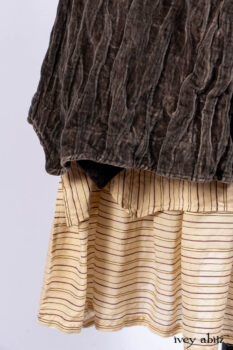 Ellis Duster Coat in Slate Crinkled Velvet; Ellis Frock in Brooklyn Slate Windwopane Wool; Ellis Sash in Uptown Washed Stripe Voile; Ellis Shirt in Apple Washed Crinkled Weave; Libert&eacute; Frock in Uptown Washed Stripe Voile. Ivey Abitz Bespoke Clothing