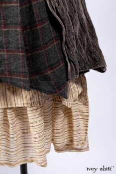 Ellis Duster Coat in Slate Crinkled Velvet; Ellis Frock in Brooklyn Slate Windwopane Wool; Ellis Sash in Uptown Washed Stripe Voile; Ellis Shirt in Apple Washed Crinkled Weave; Libert&eacute; Frock in Uptown Washed Stripe Voile. Ivey Abitz Bespoke Clothing