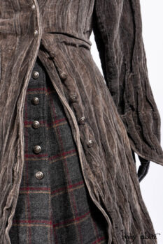 Ellis Duster Coat in Slate Crinkled Velvet; Ellis Frock in Brooklyn Slate Windwopane Wool; Ellis Sash in Uptown Washed Stripe Voile; Ellis Shirt in Apple Washed Crinkled Weave; Libert&eacute; Frock in Uptown Washed Stripe Voile. Ivey Abitz Bespoke Clothing