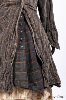 Ellis Duster Coat in Slate Crinkled Velvet; Ellis Frock in Brooklyn Slate Windwopane Wool; Ellis Sash in Uptown Washed Stripe Voile; Ellis Shirt in Apple Washed Crinkled Weave; Libert&eacute; Frock in Uptown Washed Stripe Voile. Ivey Abitz Bespoke Clothing