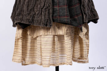 Ellis Duster Coat in Slate Crinkled Velvet; Ellis Frock in Brooklyn Slate Windwopane Wool; Ellis Sash in Uptown Washed Stripe Voile; Ellis Shirt in Apple Washed Crinkled Weave; Libert&eacute; Frock in Uptown Washed Stripe Voile. Ivey Abitz Bespoke Clothing